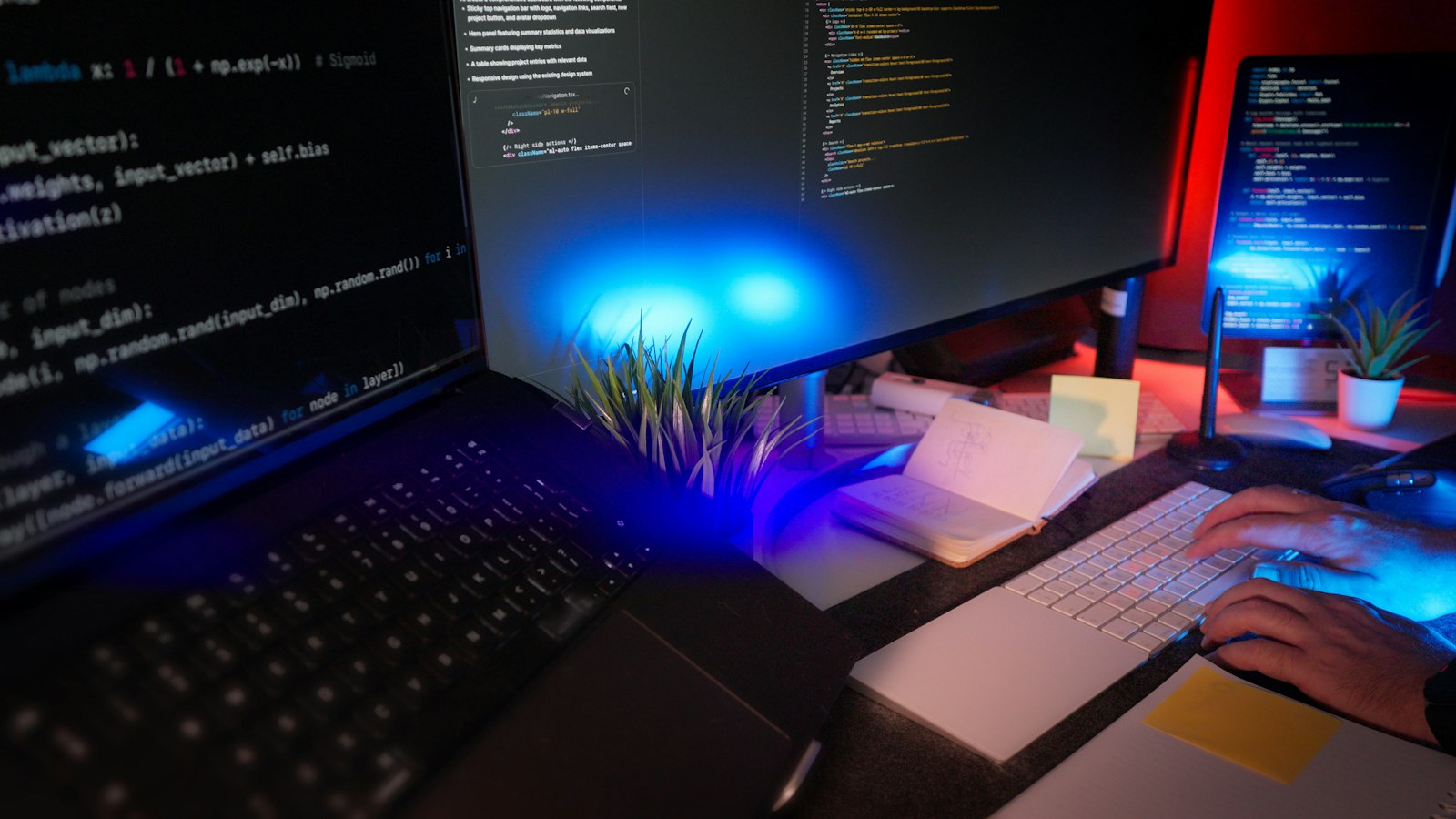 Image d'illustration — poste de développeur avec plusieurs écrans allumés de nuit, évoquant un travail informatique en continu.